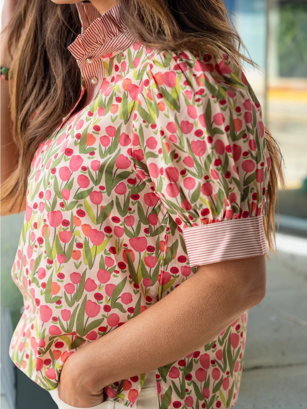 NWOT Jodifl ruffle mockneck Floral print tulips Button-Up Puff Sleeve Top Stripe - Picture 7 of 10
